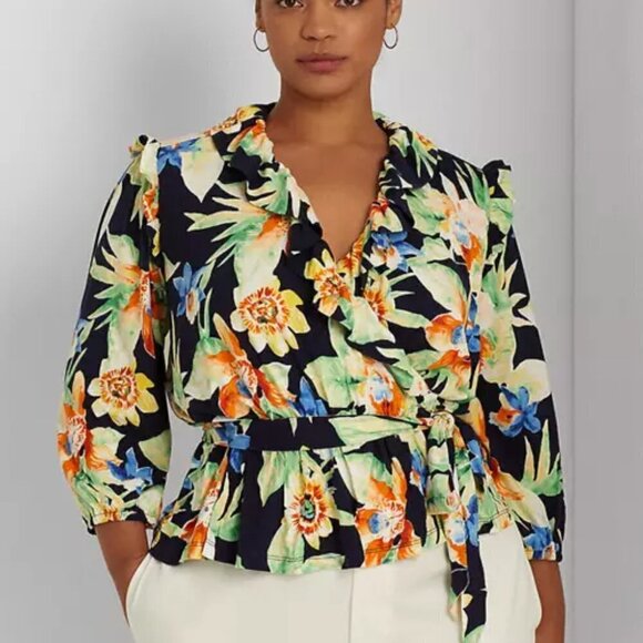 Ralph Lauren Floral Top Women's Plus Size 2X Ruffle V-Neck Peplum Self Tie - Picture 1 of 10